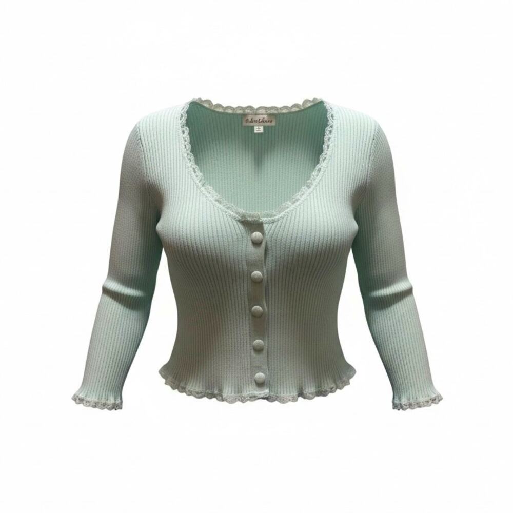 For Love and Lemons Mint Ribbed Cropped Cardigan Lace Trim Button Top Small
